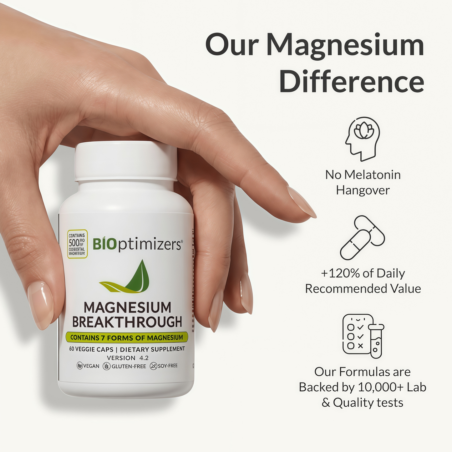 BIOptimizers Magnesium Breakthrough Supplement with 500mg - 7 Forms of Magnesium: Glycinate, Malate, Citrate, and More - Natural Support for Sleep and Cognitive Function -60 Capsules- Calming Vitamins